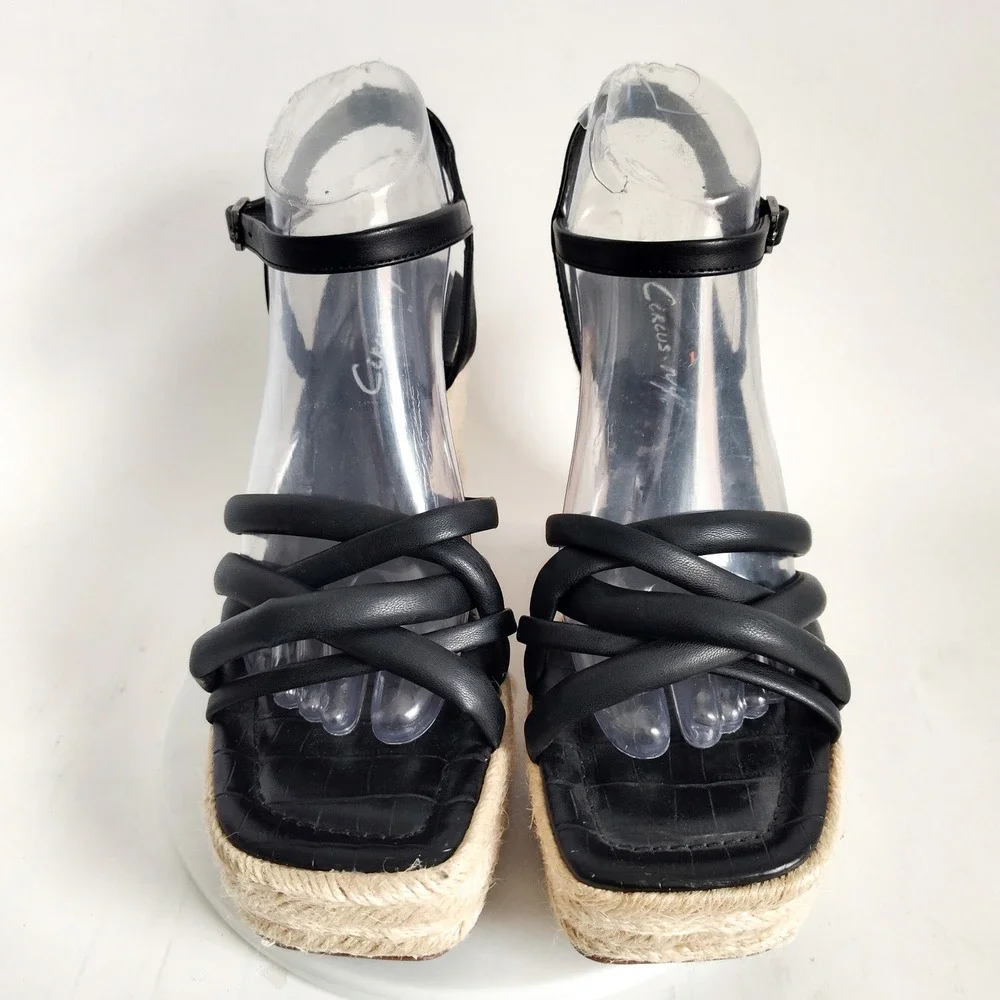 Sam Edelman Sandals Size 7.5‎ Wedge Espadrille Black Strappy Platform Square Toe